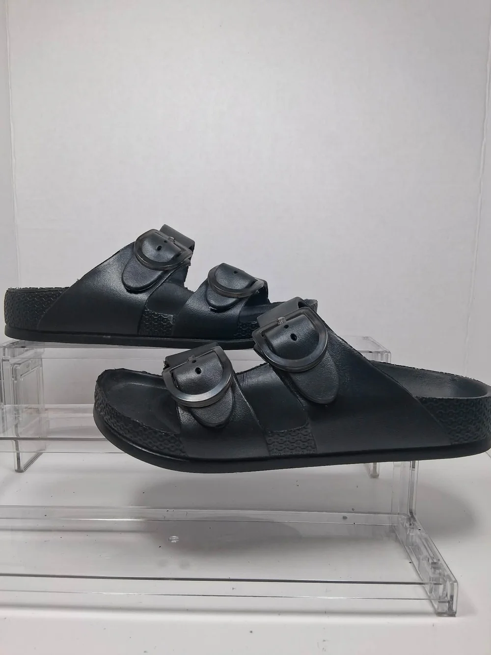 Men's Black Double Buckle Slide Sandals Adjustable Straps Synthetic US 7